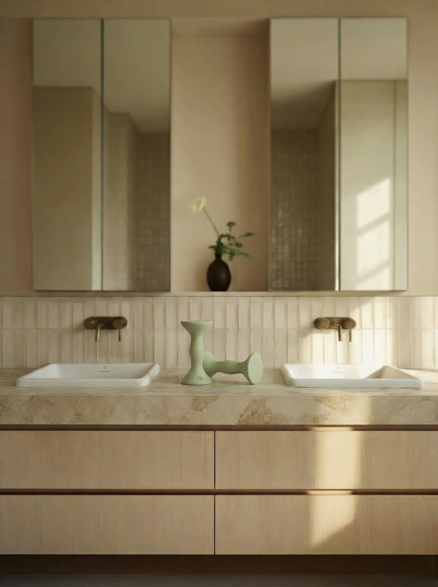 MOVART sage dumbbells styled on a marble vanity